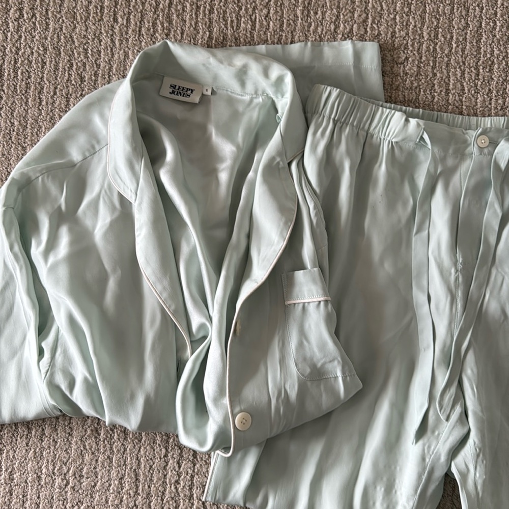 Sleepy Jones Light Mint Green Satin Pajama Set